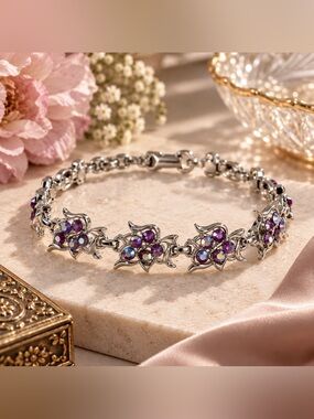 Sarah Coventry stamped vintage Ruby AB Rhinestone Floral Bracelet Silver Tone